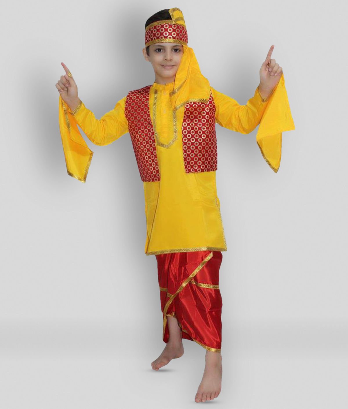     			Kaku Fancy Dresses Indian State Punjabi Folk Dance Costume for Kids/ Bhangda Gidda Dance Costume For Boys - Yellow & Red, 3-4 Years