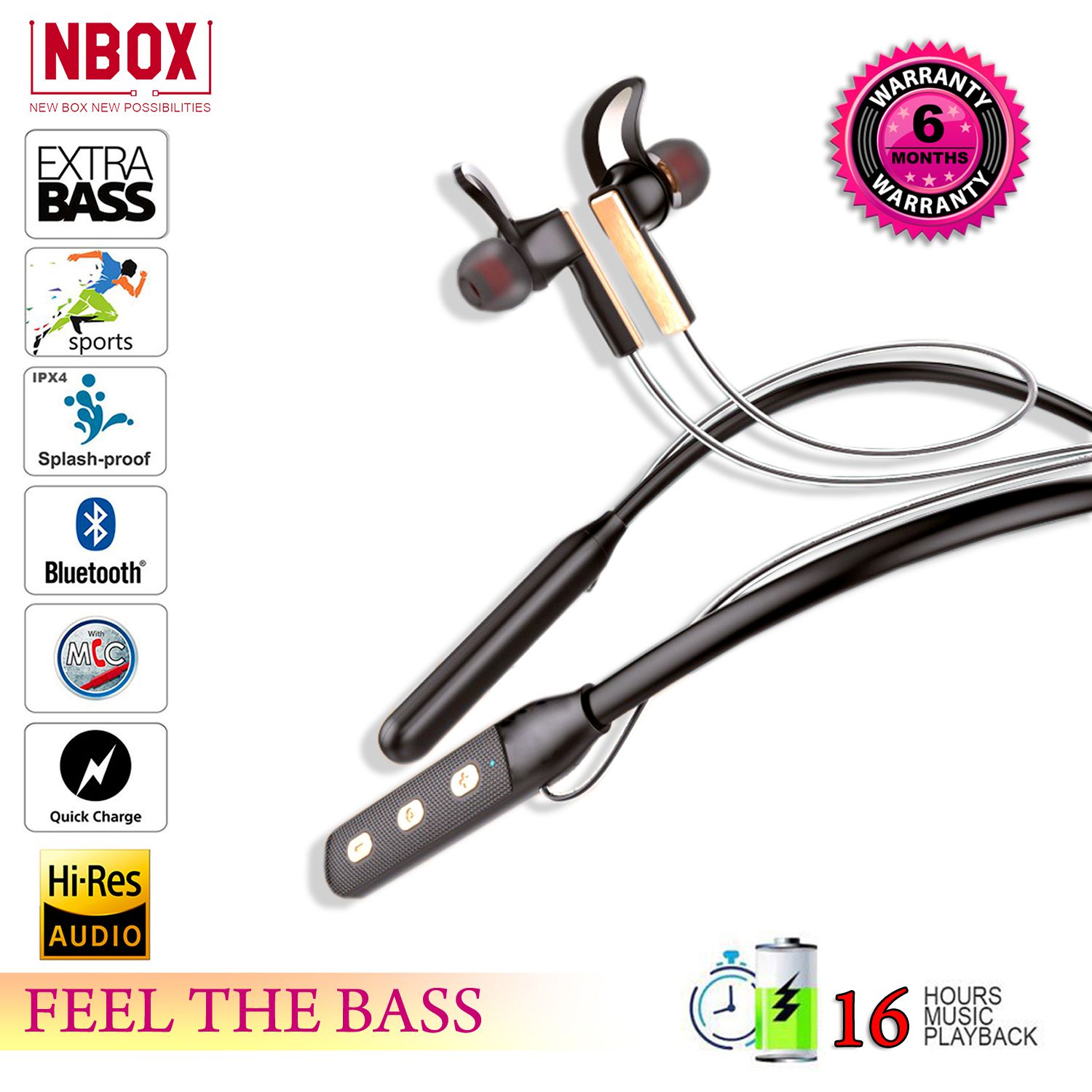 NBOX Secret 16 Hours Music Playback Ipx4 4D Bass Sport Bluetooth Headphone / Bluetooth Earphone,Neckband
