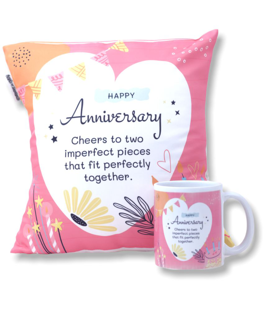 HOMETALES - Happy Anniversary Printed Gifting Cushion With Filler Pink (12X12 Inch) With Coffee Mug