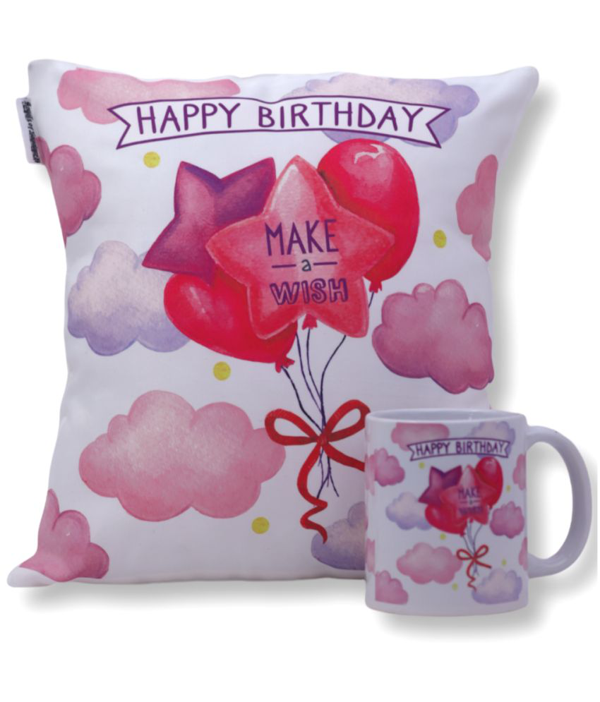 HOMETALES - Happy Birthday Printed Gifting Cushion With Filler White (12X12 Inch) With Coffee Mug
