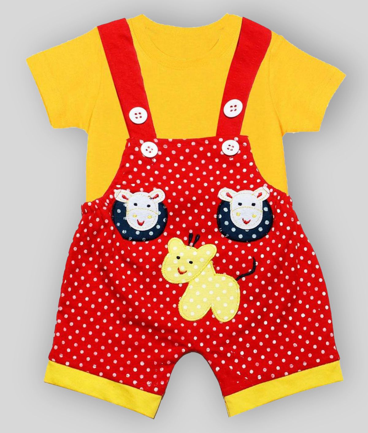     			babeezworld dungaree for Boys & Girls casual printed pure cotton (Yellow & Red; 0-3 Months)