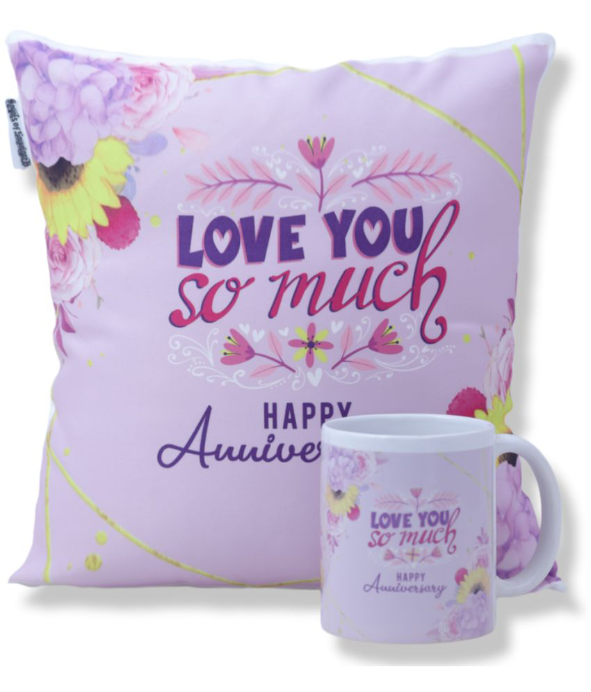 HOMETALES - Happy Anniversary Printed Gifting Cushion With Filler Purple (12X12 Inch) With Coffee Mug