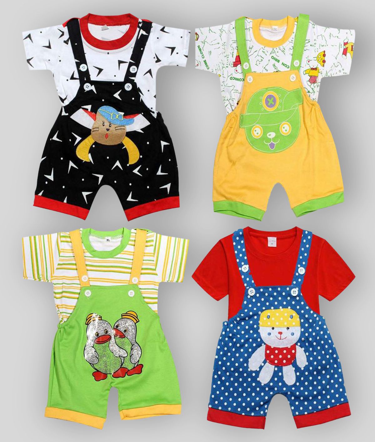     			Babeezworld - Multi Color Cotton Dungarees For Baby Boy ( Pack of 4 )