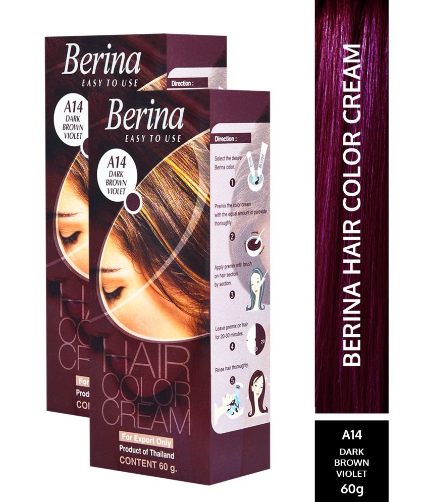     			Berina Hair Color Cream A14 Long Lasting Shine Permanent Hair Color Dark Brown Violet for Women & Men 60 g Pack of 2
