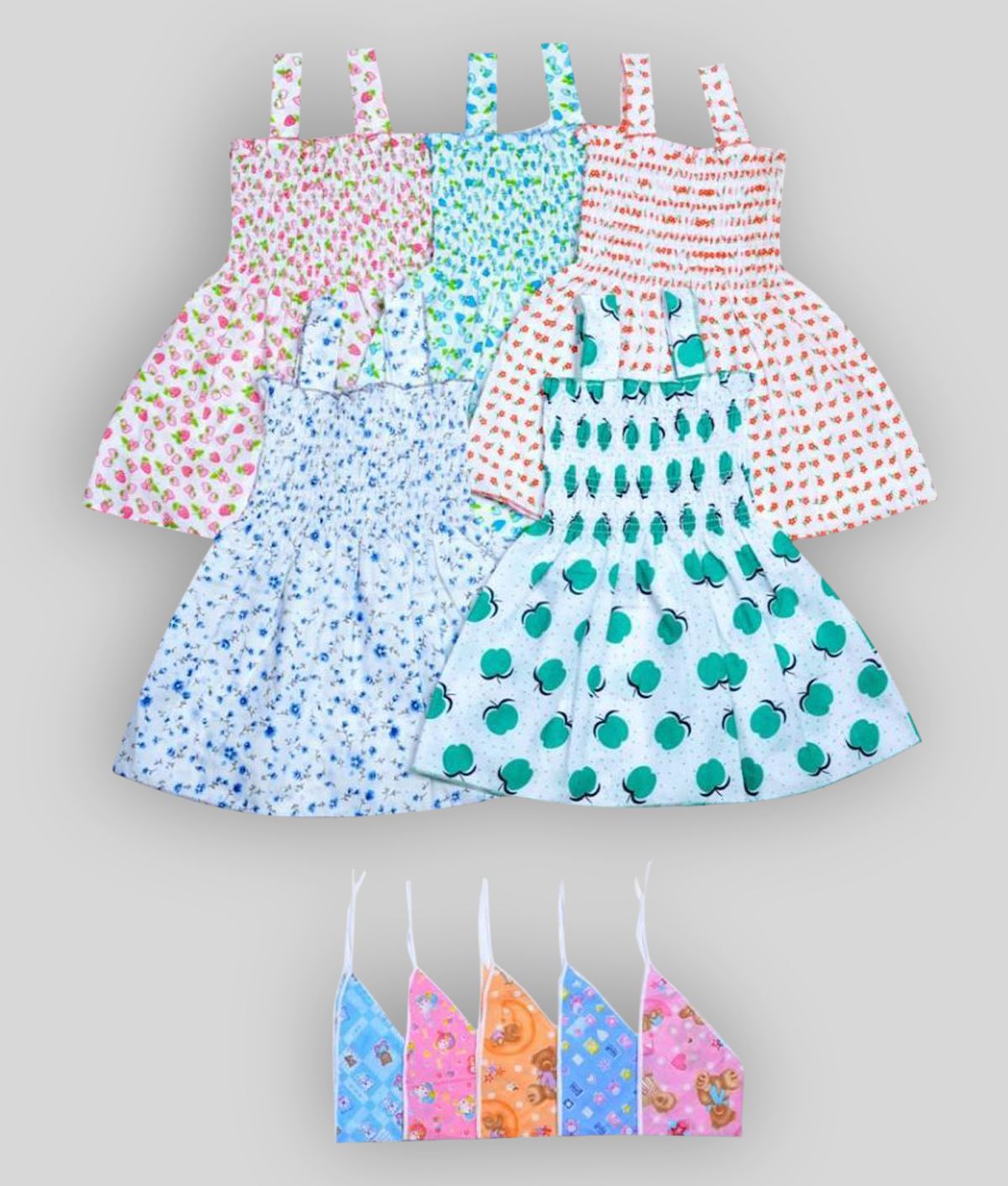     			Sathiyas Pink , Green , Red , Blue Cotton Frock with Bib Pack Of 5