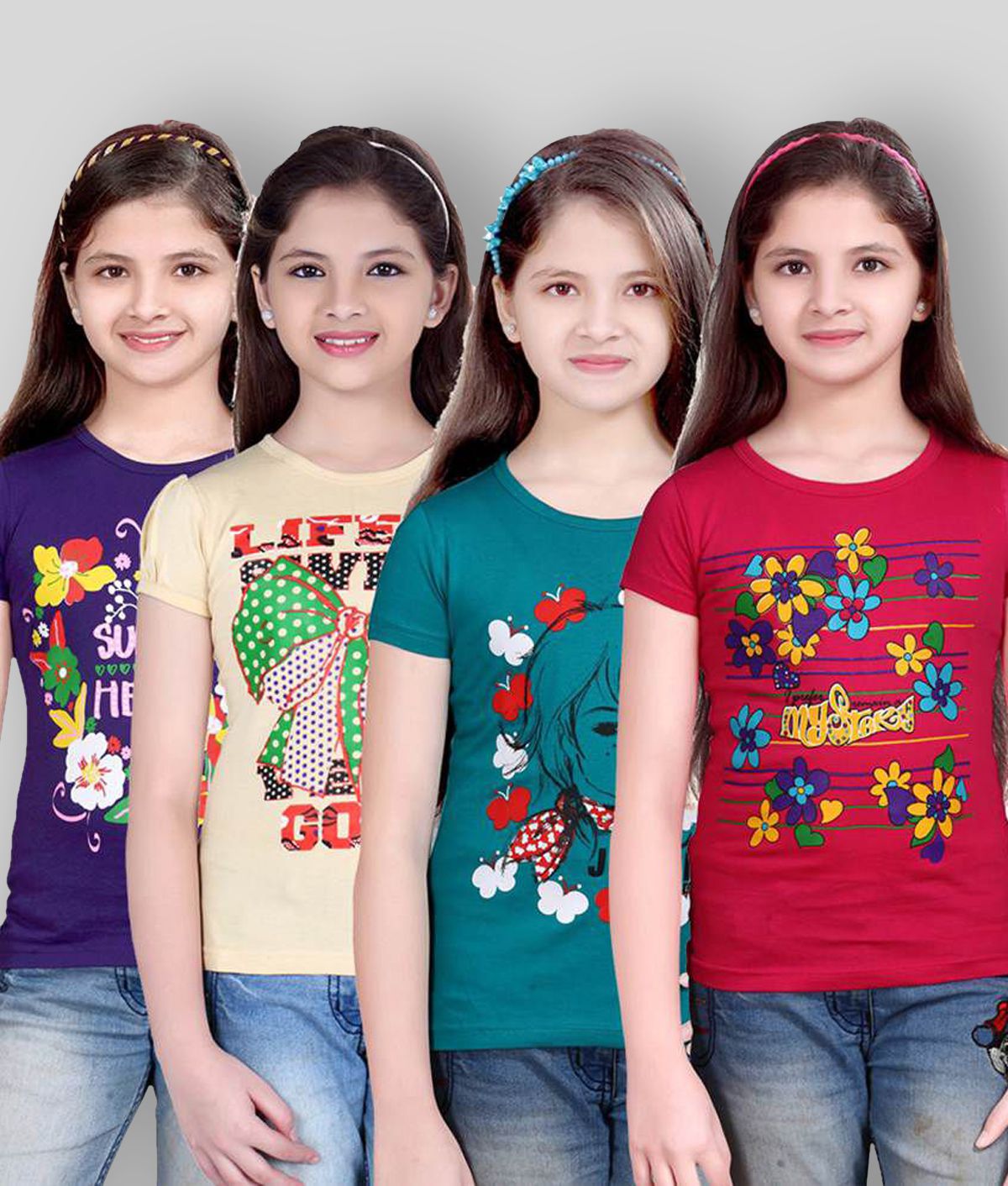     			Sini Mini - Multicolor Cotton Blend Girl's T-Shirt ( Pack of 4 )