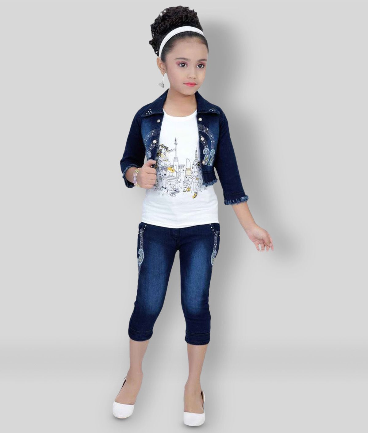     			Arshia Fashions - Blue Cotton Blend Girl's Top With Jacket With Capris ( Pack of 1 )