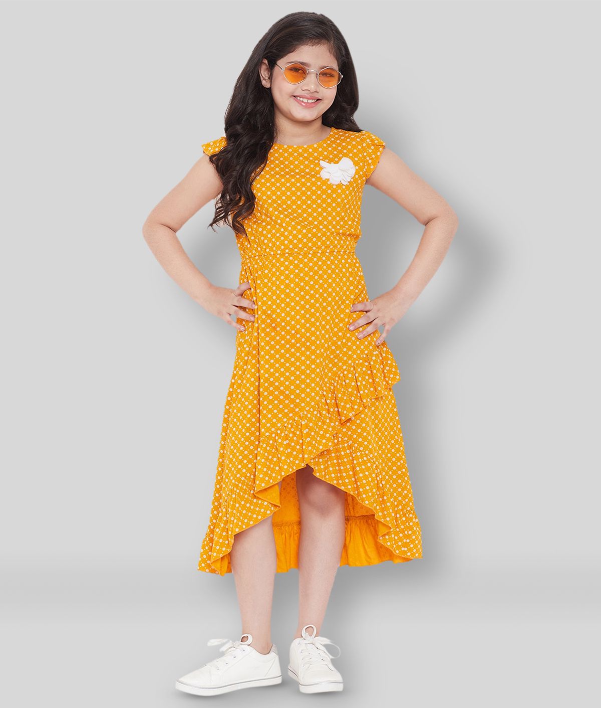 Stylo Bug - Yellow Cotton Girl's Asymmetric Dress ( Pack of 1 )