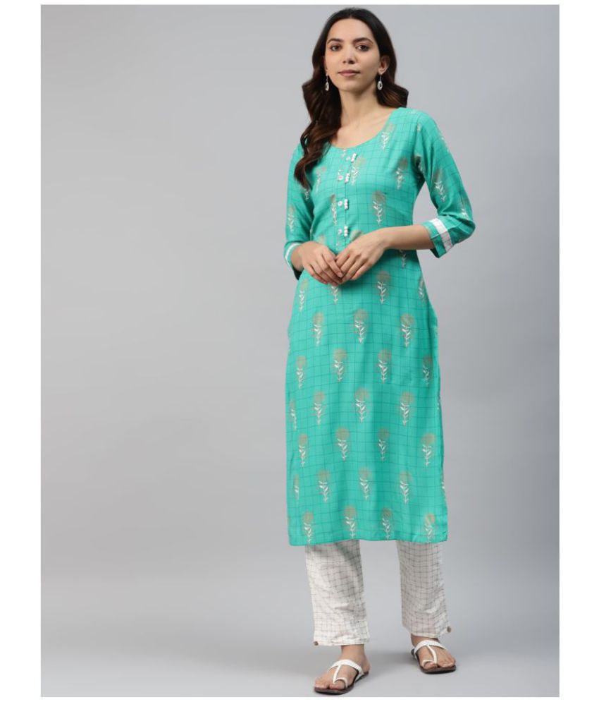     			HIGHLIGHT FASHION EXPORT - Turquoise Straight Rayon Women's Stitched Salwar Suit ( Pack of 1 )