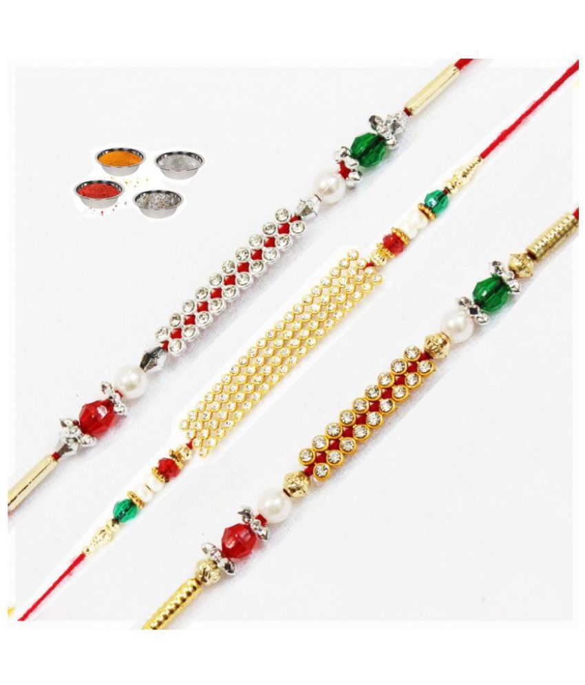     			Purvani Rakhi Set Multicolour With Roli chawal & Card Pack of 3