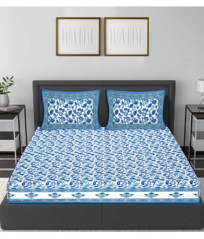     			Frionkandy Cotton Floral Printed Queen Bedsheet with 2 Pillow Covers - Blue