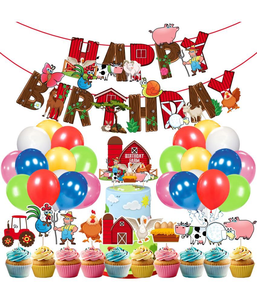     			Zyozi 37 Pcs Farm Birthday Party Supplies for Kids Farm House Animal Theme Party Decorations Animal Birthday Banner , Cupcake Toppers, Cake Topper and Balloon Set for Boys Girls
