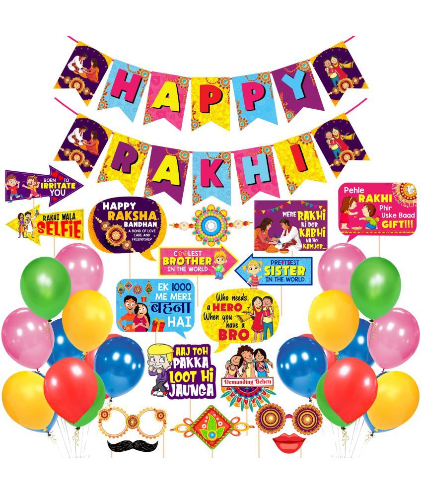     			Zyozi Happy Rakhi Decoration Combo Photo Booth Props with Happy Rakhi Banner and Balloon,Raksha Bandhan Decoration Items for Rakhi Decorations, (Pack of 38)