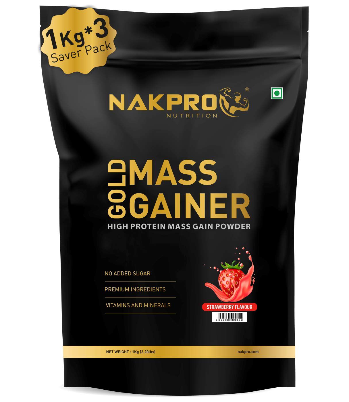 Nakpro Mass Gainer Protein Powder Supplement with Creatine and Vitamin & Minerals Weight Gainers/Mass Gainers (3 kg, Strawberry)