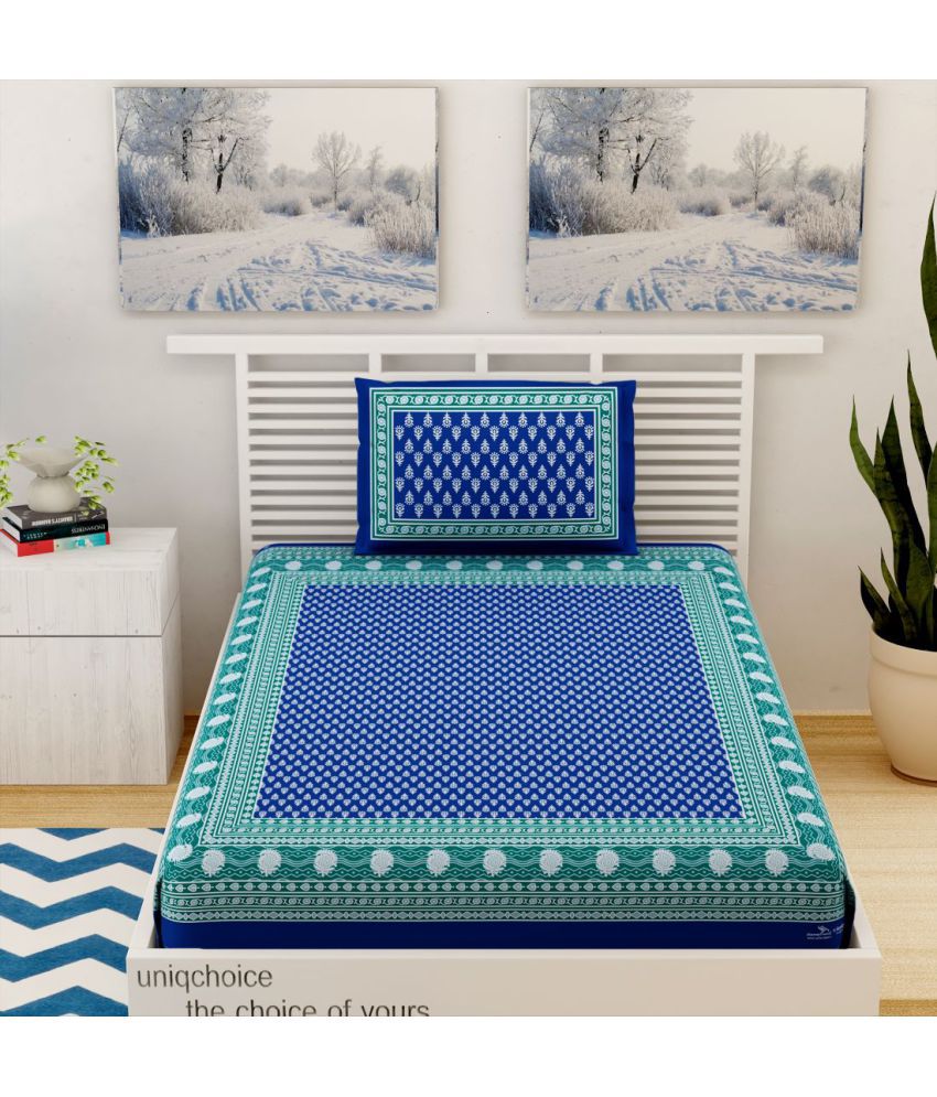     			unique choice Cotton Ethnic Printed Single Bedsheet with 1 Pillow Cover - Blue