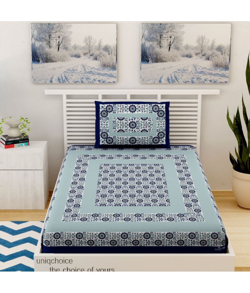     			unique choice Cotton Ethnic Printed Single Bedsheet with 1 Pillow Cover - Blue