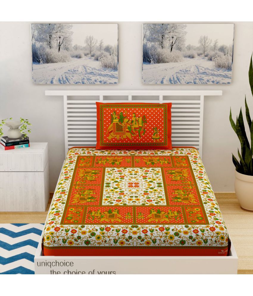     			HOMETALES Cotton Floral Single Bedsheet with 1 Pillow Cover-Orange