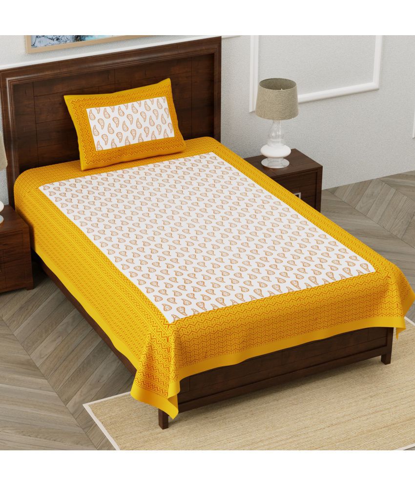     			unique choice Cotton Ethnic Printed Single Bedsheet with 1 Pillow Cover - Yellow