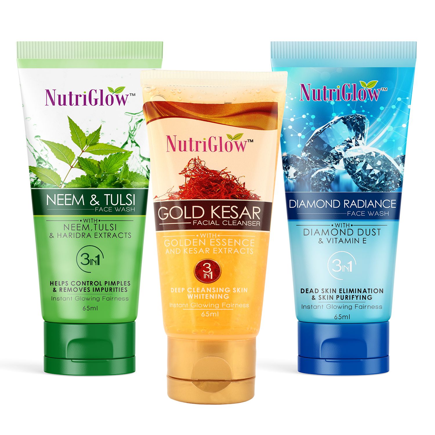     			Nutriglow Neem & Tulsi, Gold Kesar Facial cleanser, Diamond Radiance Face Wash Each 65mL (Pack of 3)