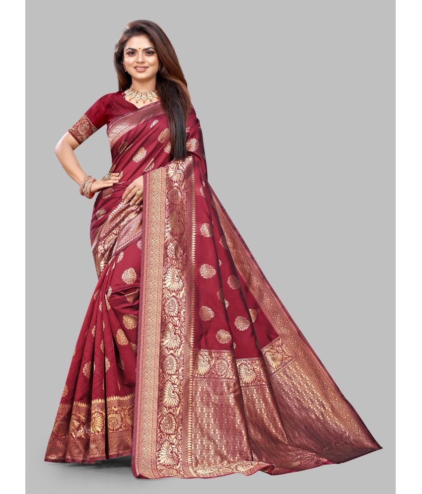     			Gazal Fashions - Maroon Banarasi Silk Saree With Blouse Piece ( Pack of 1 )