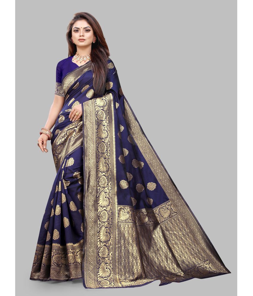     			Gazal Fashions - Navy Blue Banarasi Silk Saree With Blouse Piece ( Pack of 1 )