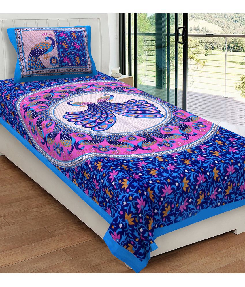    			URBAN MAGIC - Blue Cotton Single Bedsheet with 1 Pillow Cover