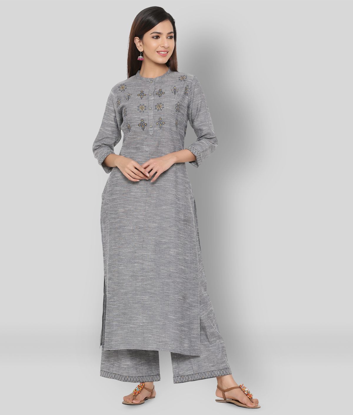     			KIPEK - Light Grey Straight Cotton Women's Stitched Salwar Suit ( Pack of 1 )
