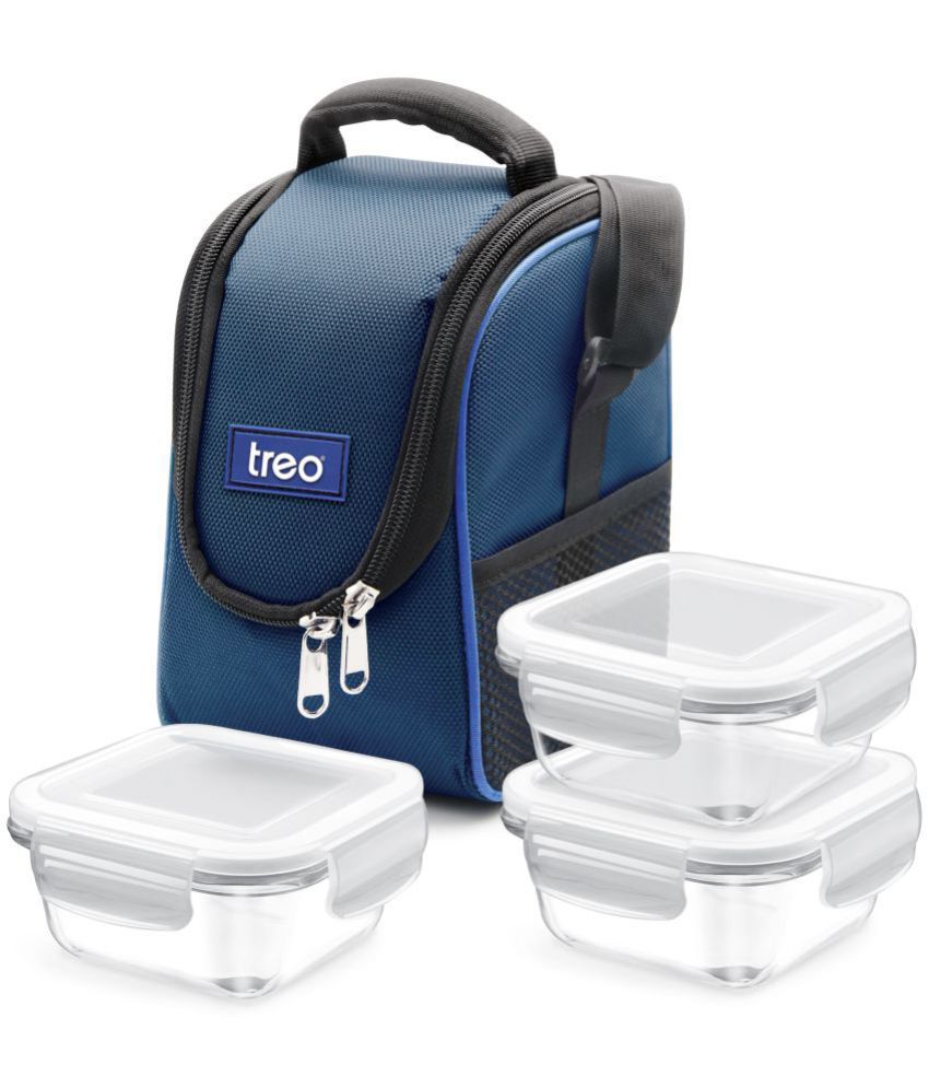     			Treo By Milton Health First Square Glass Tiffin Box with Cover, 300 ml, Set of 3, Transparent