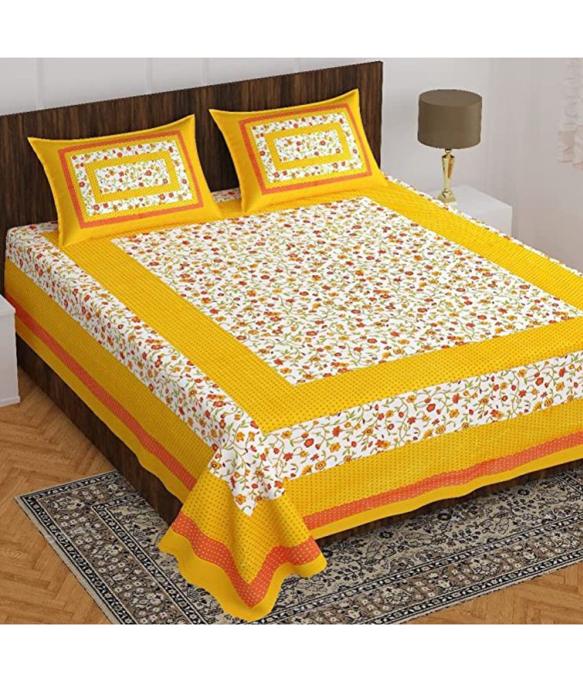 URBAN MAGIC - Yellow Cotton Double Bedsheet with 2 Pillow Covers