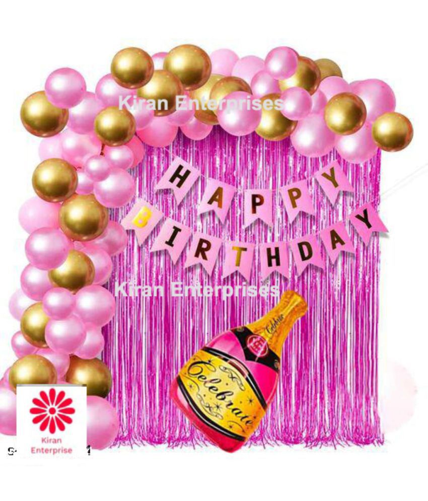     			Kiran Enterprises Happy Birthday Banner ( Pink )+ Foil Bottle Balloon ( Pink ) ) + 2 Fringe Curtain ( Pink ) + 30 Metallic Balloon ( Pink, Gold )