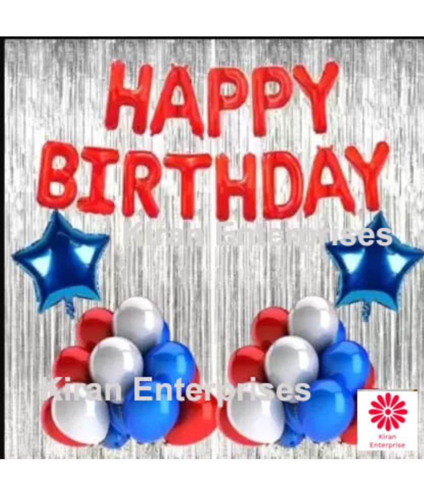     			Kiran Enterprises Happy Birthday Foil Letter Balloon ( Red ) + 2 Foil Star ( Blue ) +2 Fringe Curtain ( Silver ) + 30 Metallic Balloon ( Red, Blue, Silver )