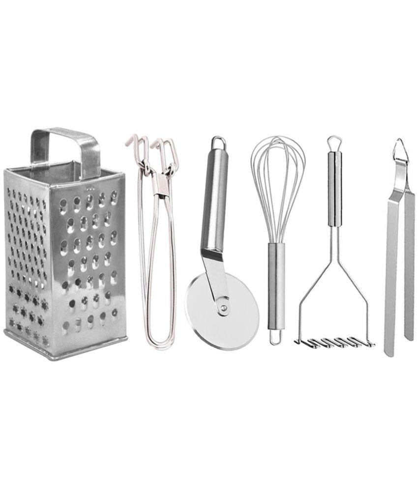     			JISUN - Silver Stainless Steel Grater+Pakkad+Pizza Cutter+Whisk+Chimta+Masher ( Pack 6 )