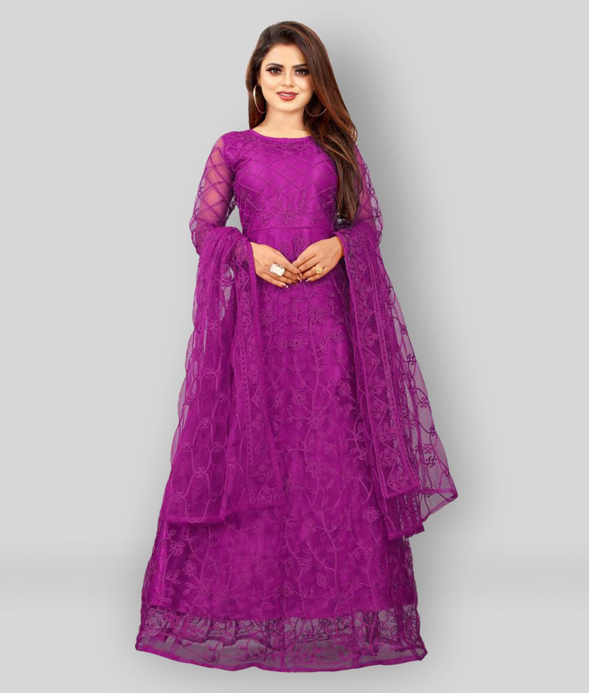     			Aika Purple Net Ethnic Gown - Single