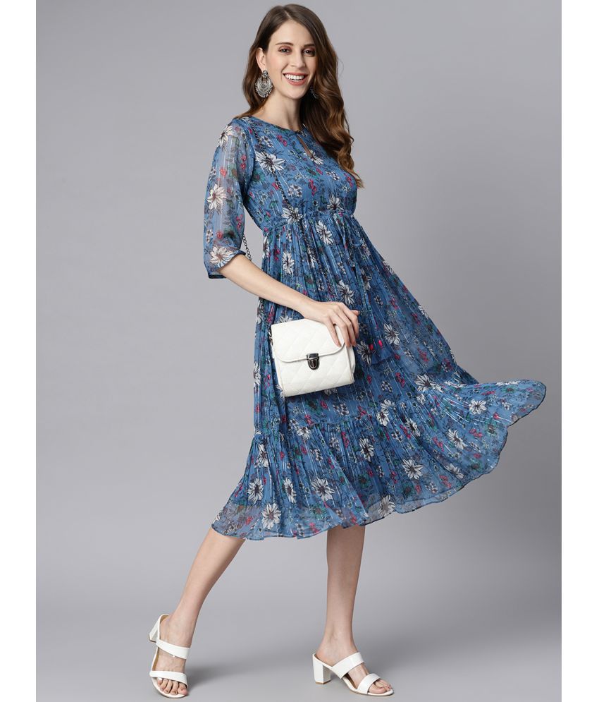 Janasya - Blue Polyester Women's Fit & Flare Dress ( Pack of 1 )