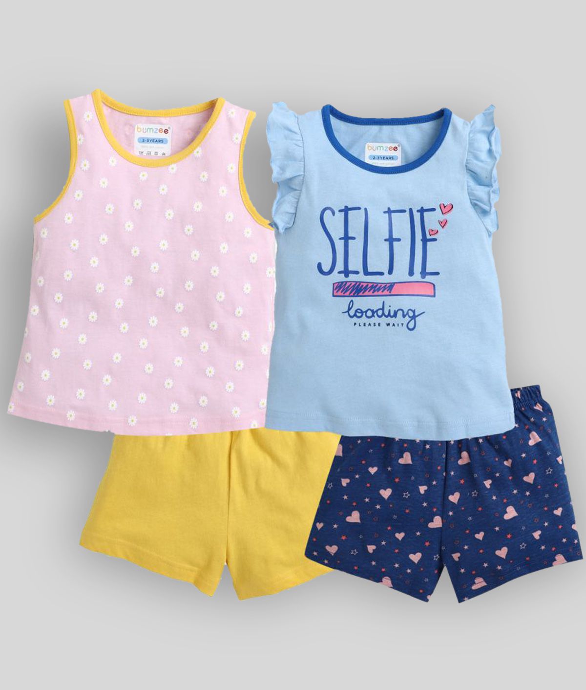     			BUMZEE Cotton Blue & Yellow T-Shirt & Shorts For Baby Girl ( Pack of 2 )