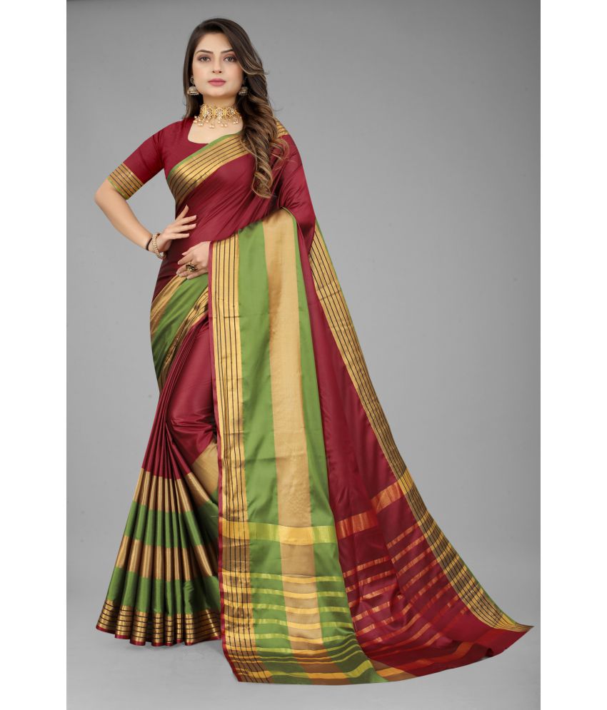 OFLINE SELCTION - Maroon Cotton Silk Saree With Blouse Piece ( Pack of 1 )