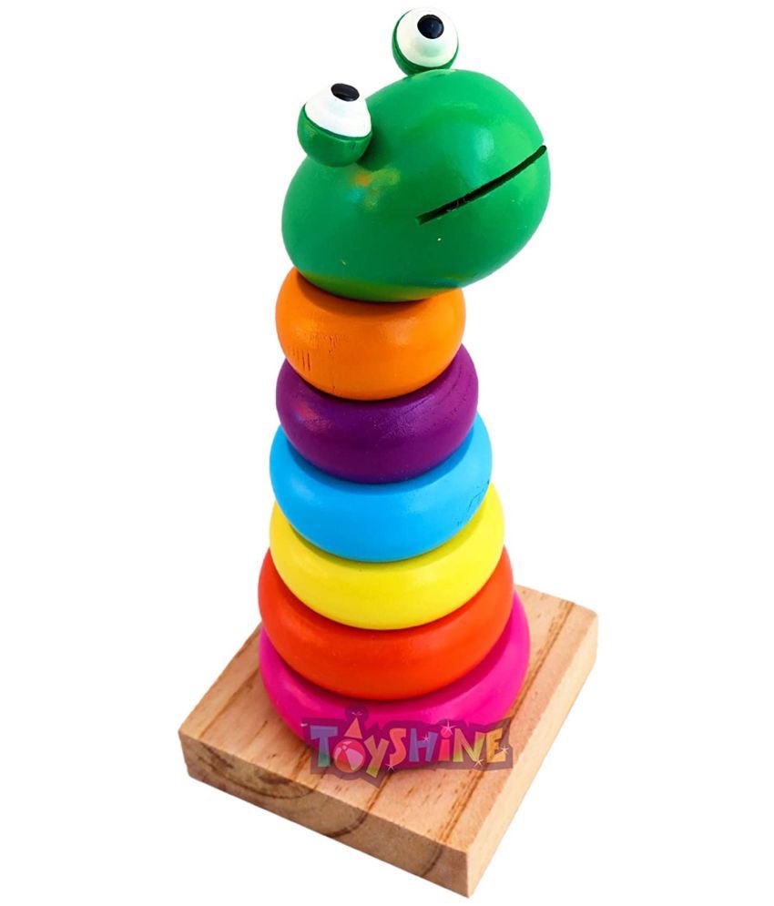 Toyshine Wooden Toy Stacker with Multiple Coloful Stacking Rings, Shapes Learning Educational Toy for 2 3 4 Year Kids, Frog