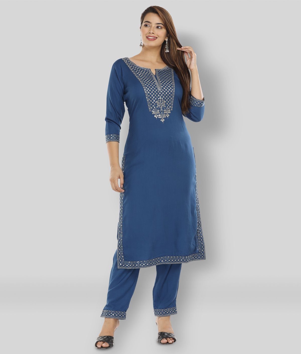     			JC4U - Blue Straight Rayon Women's Stitched Salwar Suit ( Pack of 1 )