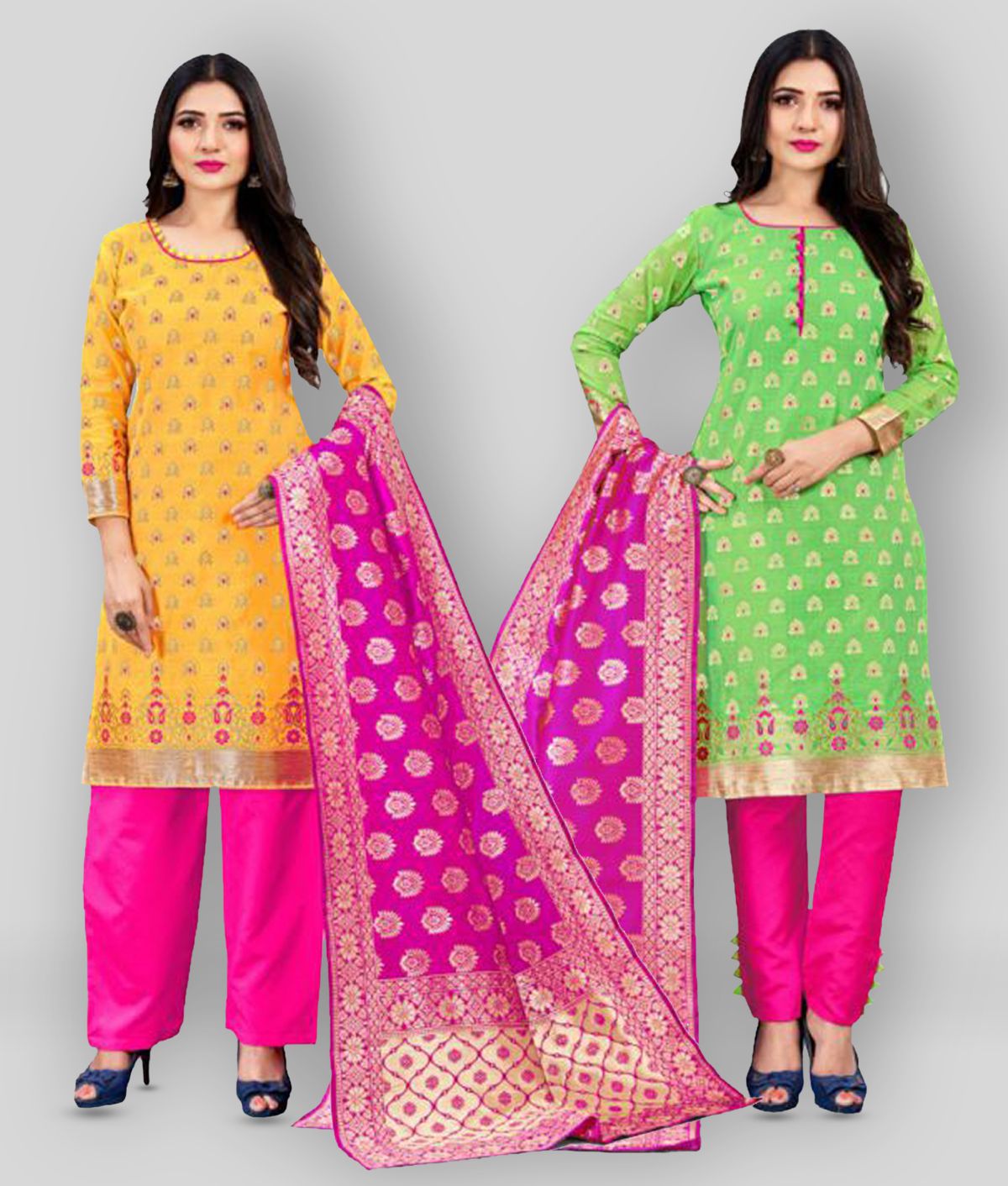 Panihari Creations Pink,Yellow,Green Cotton Unstitched Dress Material -