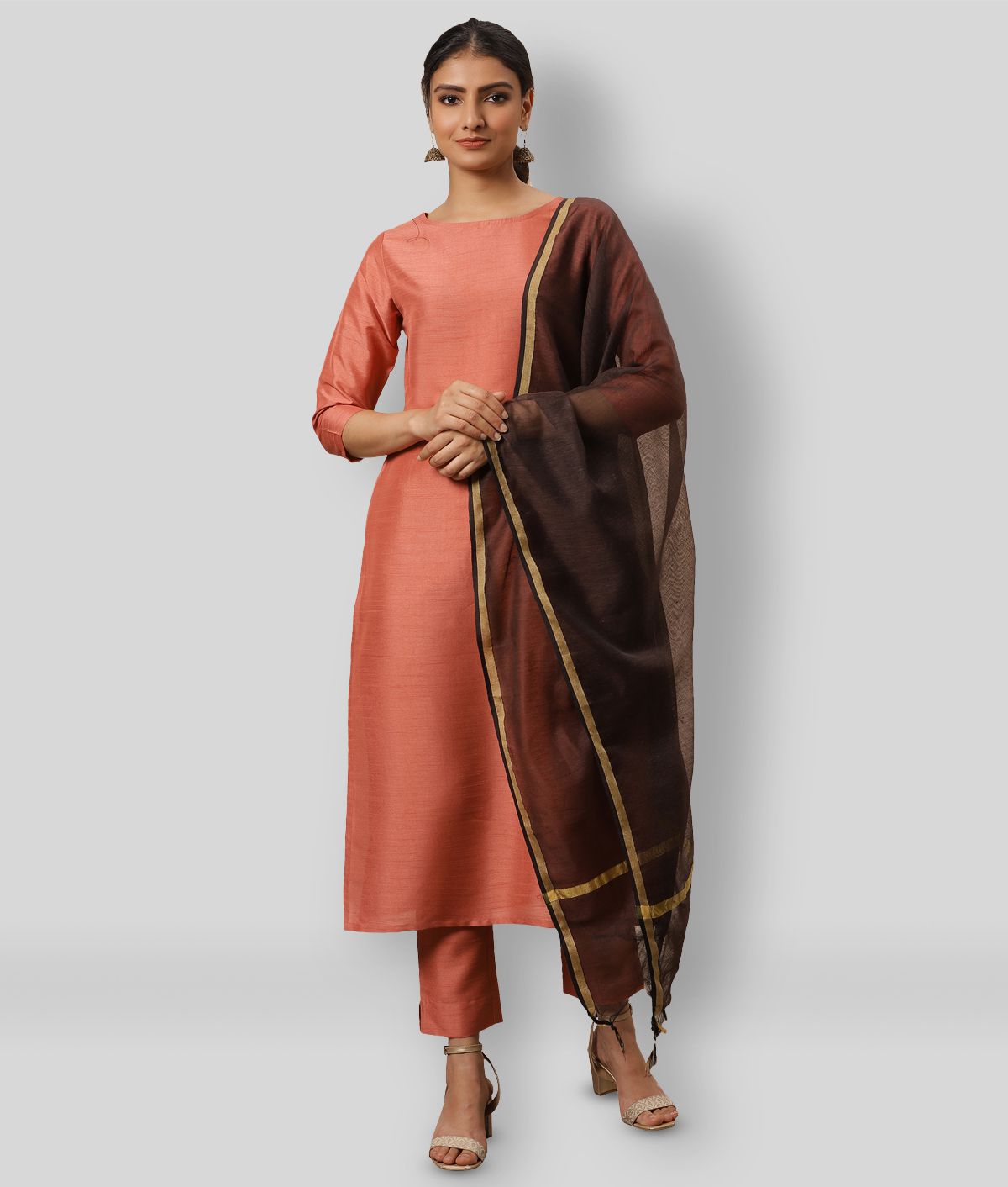     			Janasya - Peach Straight Silk Women's Stitched Salwar Suit ( Pack of 1 )