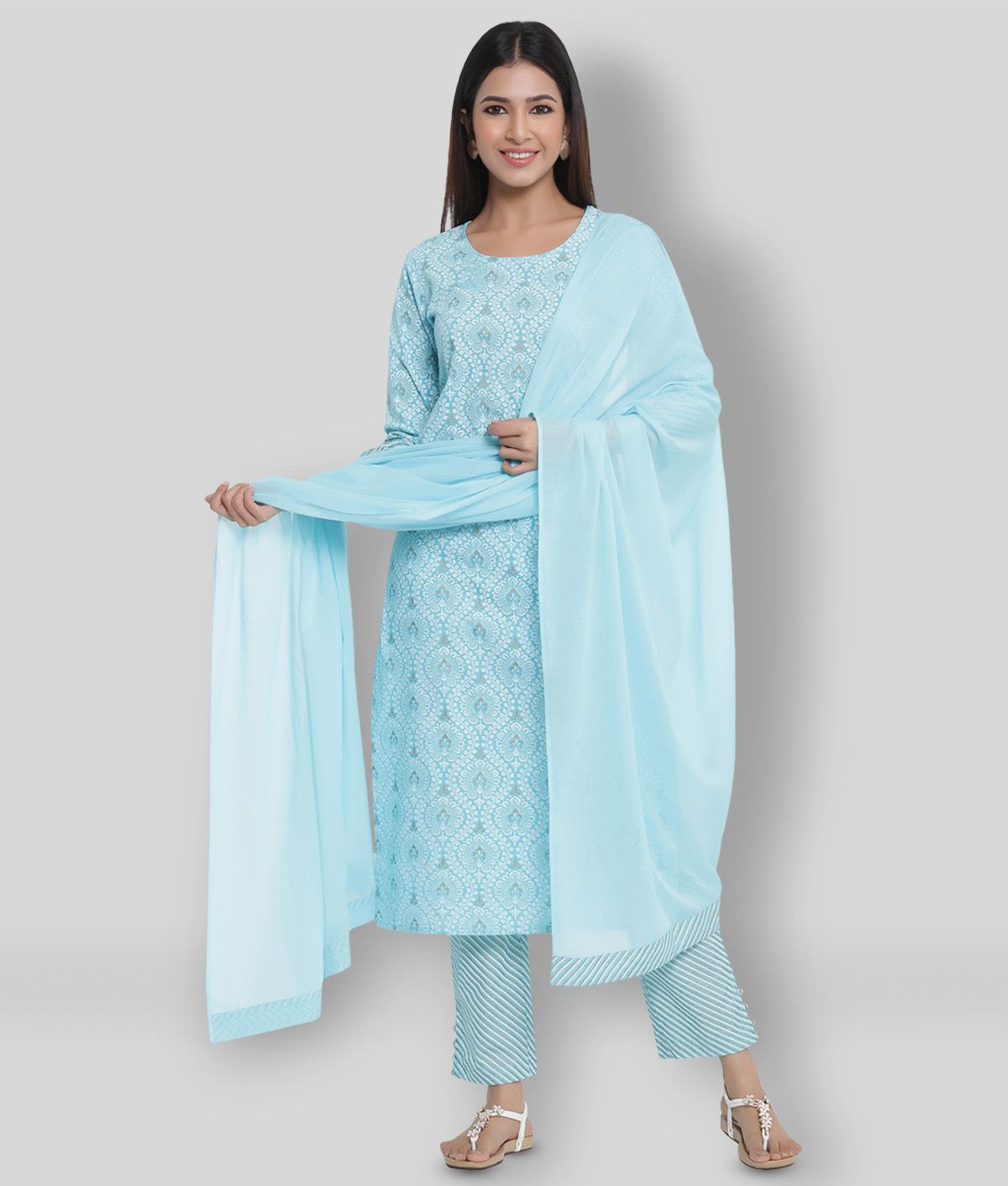     			KIPEK - Light Blue Straight Cotton Women's Stitched Salwar Suit ( Pack of 1 )