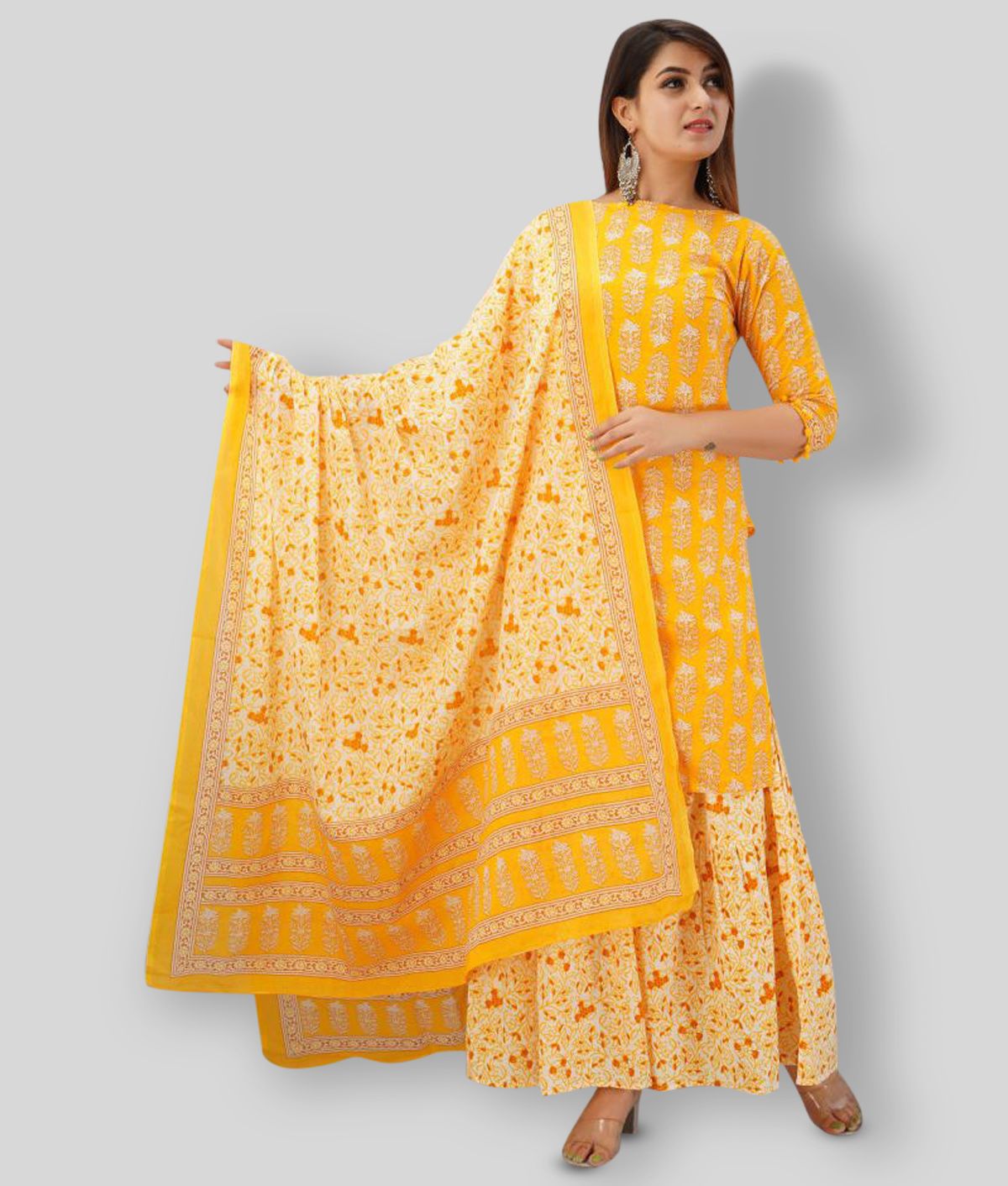     			SVARCHI - Yellow Straight Cotton Women's Stitched Salwar Suit ( Pack of 1 )