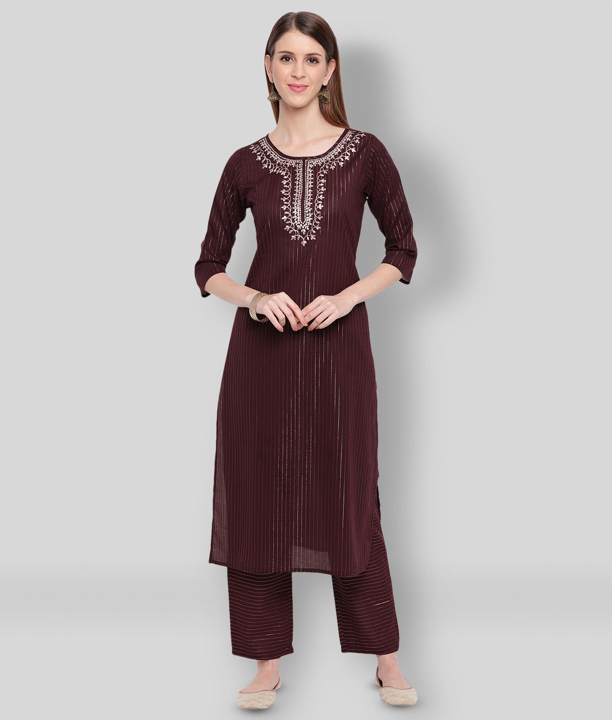     			Vbuyz - Brown Straight Cotton Silk Women's Stitched Salwar Suit ( Pack of 1 )