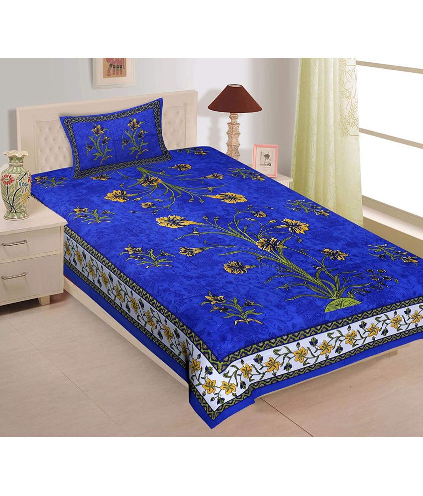     			HOMETALES Cotton Floral Single Bedsheet with 1 Pillow Cover-Blue