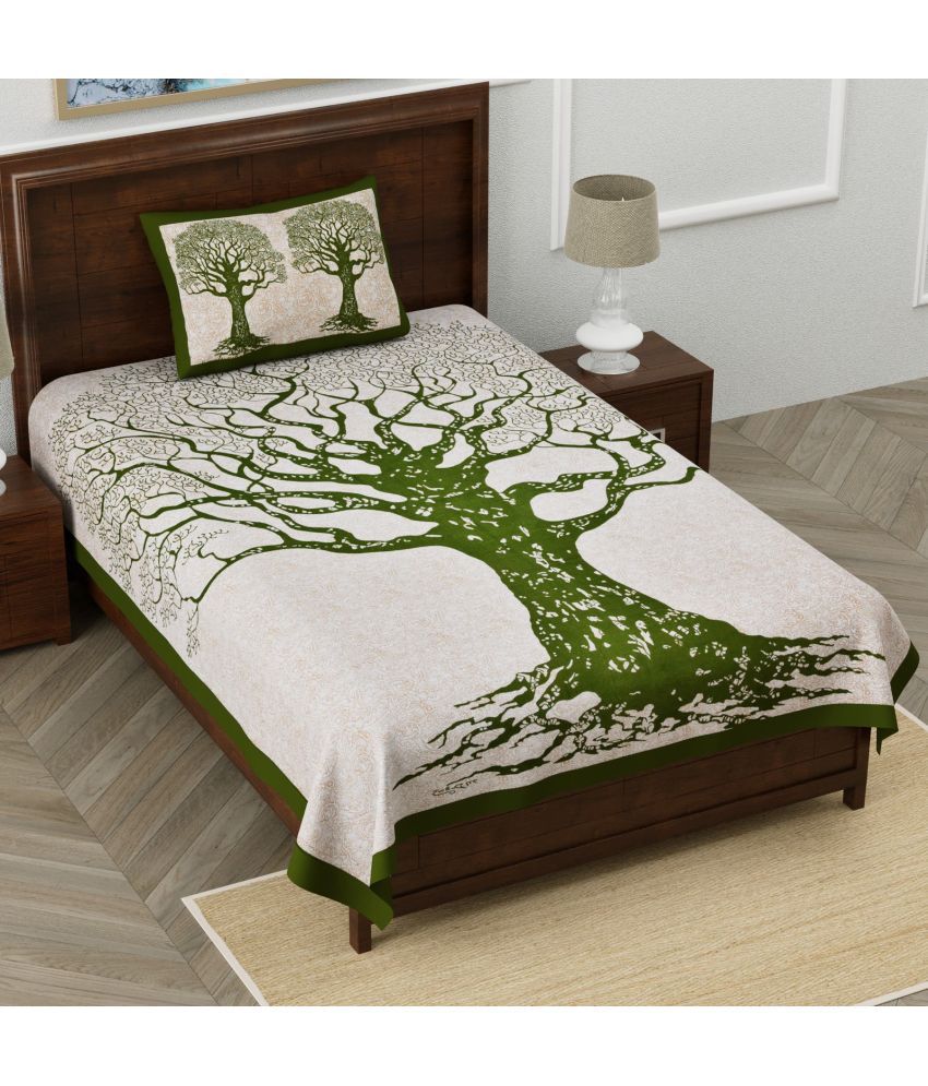     			HOMETALES - Green Cotton Single Bedsheet with 1 Pillow Cover