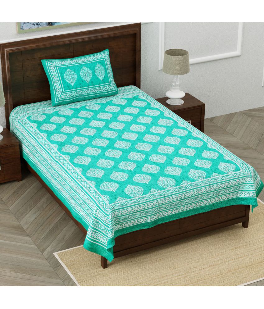    			HOMETALES - Sea Green Cotton Single Bedsheet with 1 Pillow Cover