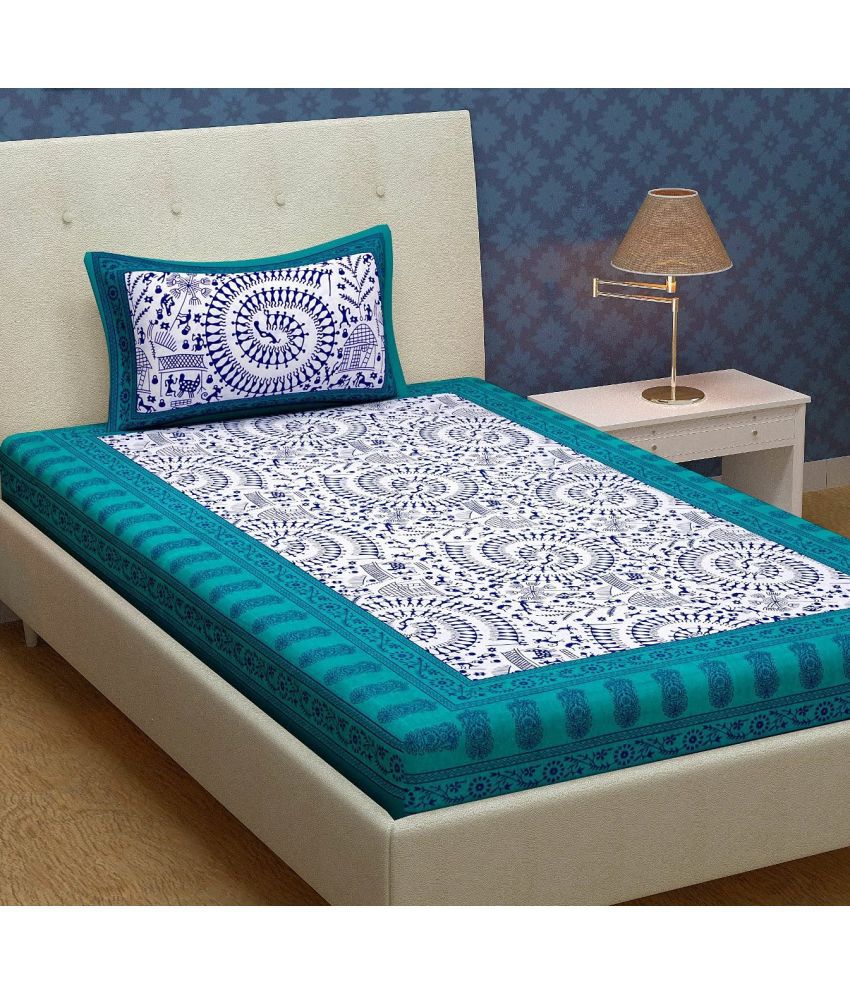     			HOMETALES Cotton Ethnic Single Bedsheet with 1 Pillow Cover- Sea Green