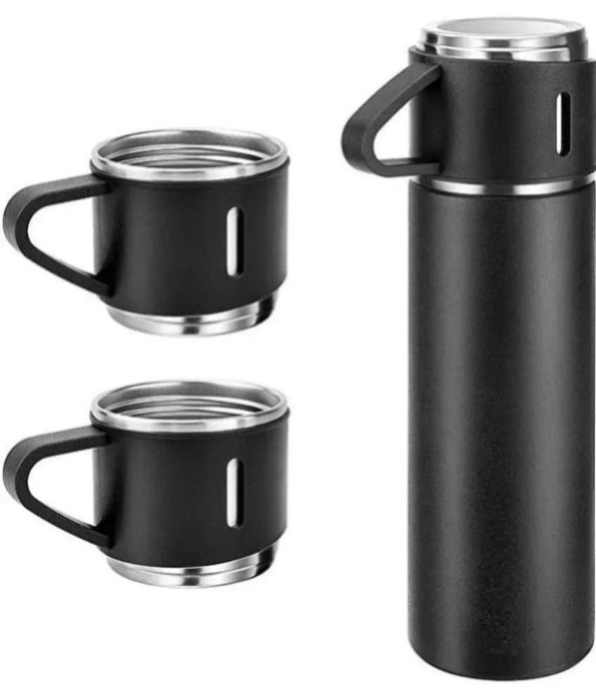     			RADH 500ml Stainless Steel Black Vacuum Insulated Thermos Flask Water Bottle with 3 Tea Cups Set with Gift Box