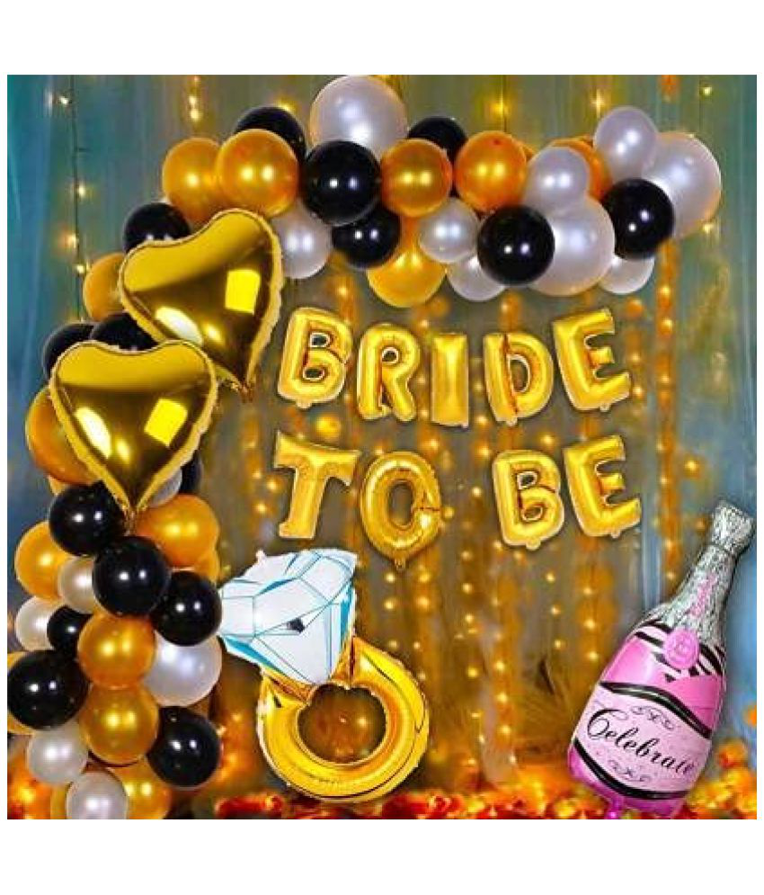     			Blooms Event    complete Decoration Combo for Bride Bachelorette Party Decoration "BRIDE TO BE" - Golden, Black & Silver theme with Fairy LED Light Combo (Set of 74)