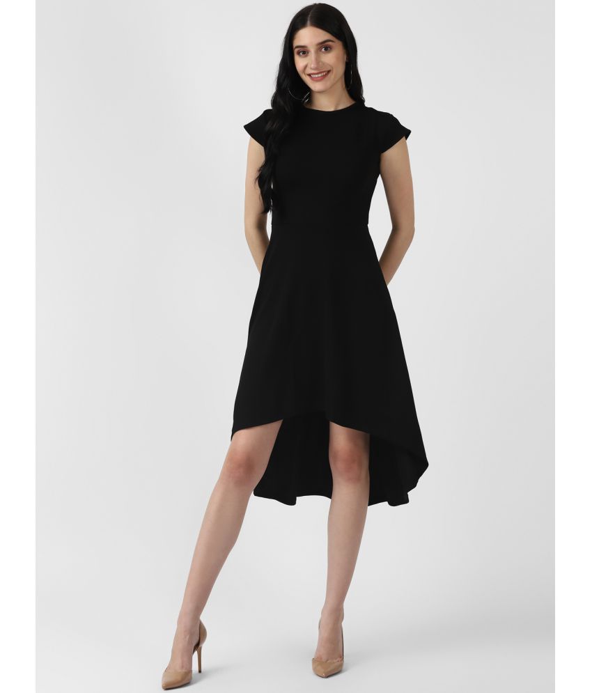 UrbanMark Women Solid Round Neck Asymmetric Knee Length Dress - Black